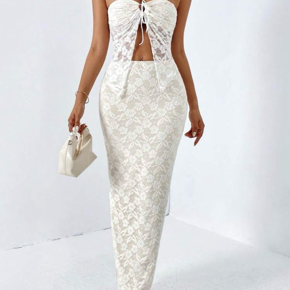 SHEIN White Strapless Lace Matching Set